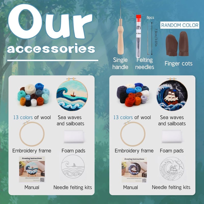 QMNNMA Needle Felting Kits, Wool Felting Kit with Picture Frame, Foam Pad, Felt Cloth, and Instructions, Needle Felt Painting Kit for Home Decoration (Sea Waves and Sailboats) - Image 2